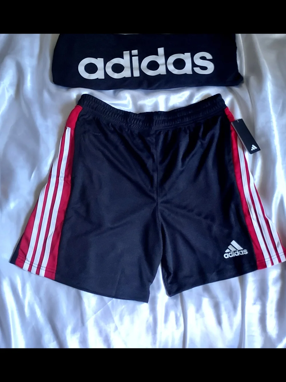 adidas Men's Black Shorts with Red Side Panels and White Stripes